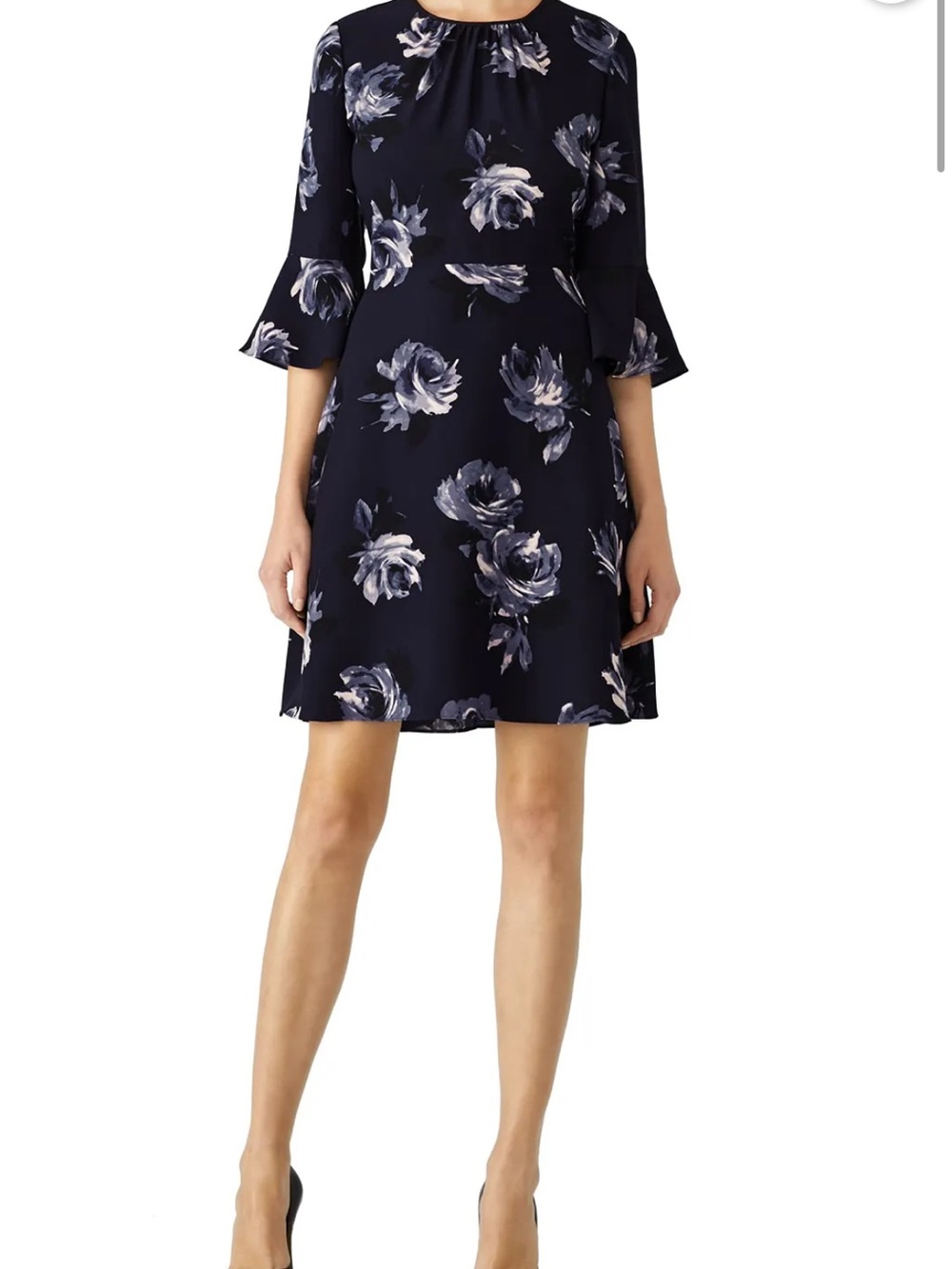 Kate Spade Night Rose Floral Crepe Dress Size 6 Blue Bell Sleeve Midi